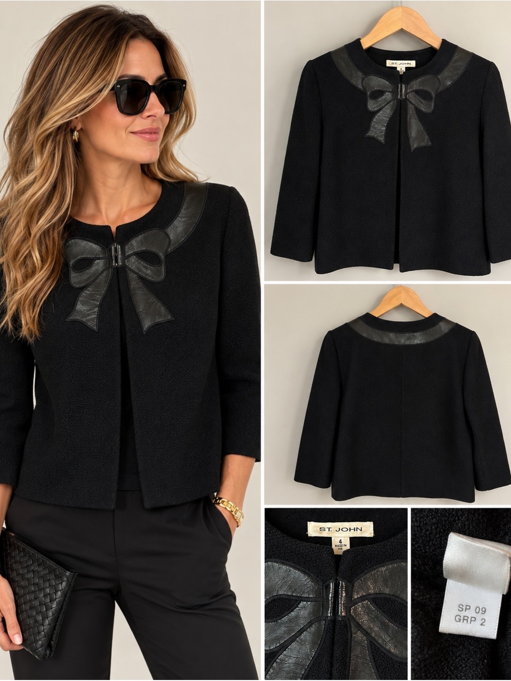 St. John Navy Knit Jacket Leather Black Bow Trim Size 4 Vintage 2009